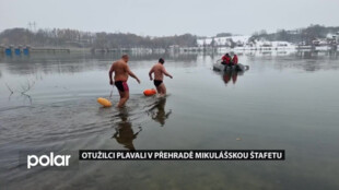 Otužilci plavali v ledové vodě Žermanické přehrady Mikulášskou štafetu